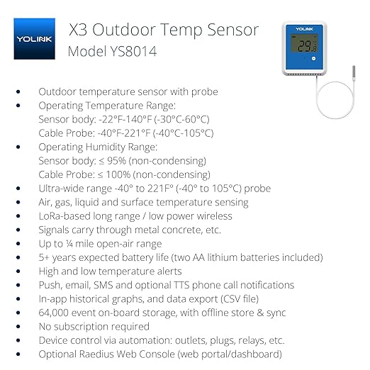 YoLink Smart X3 Version Outdoor Temperature Data Logger with Probe, Thermometer, 1/4 Mile Range, 5+ Years Battery Life, Emails, Text, App Alerts, Alexa, IFTTT. Pool, Hot Tub, Fish Tank. Hub Required! - Image 2