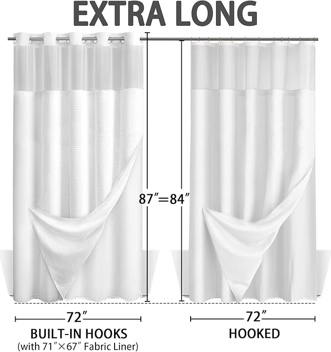 No Hook Shower Curtain and Liner Set,White Hotel Waffle Shower Curtain with Liner 87" L x 72" W - Image 6