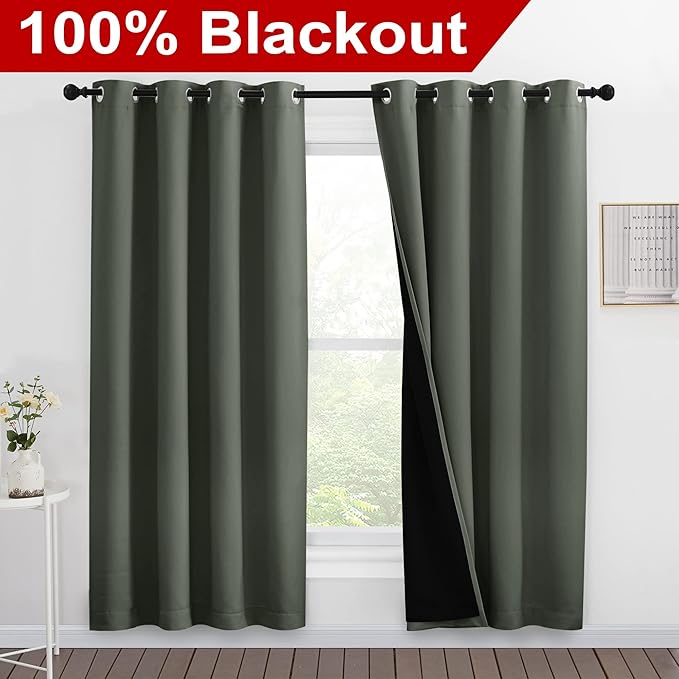 NICETOWN 100% Blackout Window Curtain Panels, Full Light Blocking Drapes with Black Liner for Nursery, 78-inch Drop Thermal Insulated Draperies (Dark Mallard, 2 Pieces, 55-inch Wide Per Panel) - Image 2