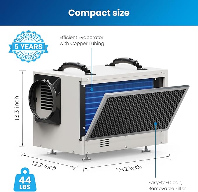 BaseAire Crawl Space Dehumidifier,113 Pint Dehumidifiers with Drain Hose for Basement, Commercial, Industrial, Portable, Auto Defrost, Memory Starting - Image 7