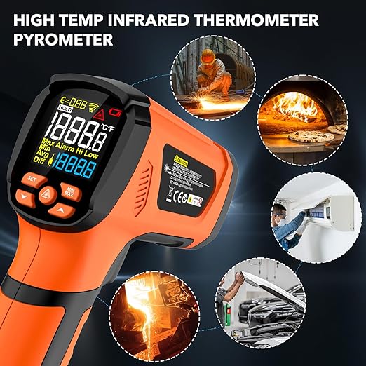 MESTEK Infrared Thermometer Temperature Gun -40℉~2912℉, High Temp Thermometer with Thermocouple Probe, Non-contact Digital Laser Thermometer Gun 50:1 Pyrometer for Industrial HVAC Forge Metal Smelting - Image 7