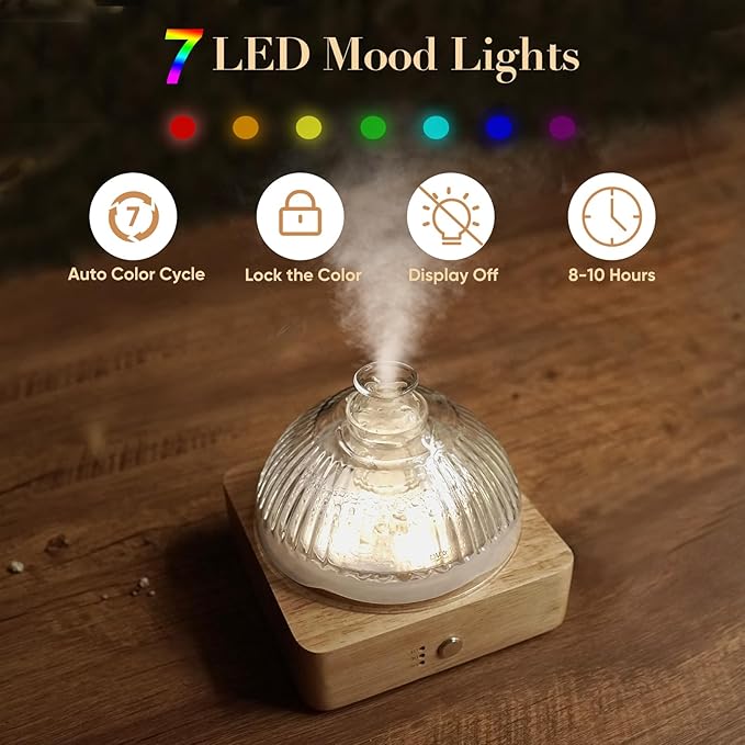 Glass Dome Essential Oil Diffuser with Glass Reservoir & Wood Base-No Plastic, 200ml Ultrasonic Diffuser for Aromatherapy with Timer 7 Color Light Auto-Off for Home Office Yoga Pilates - Image 4