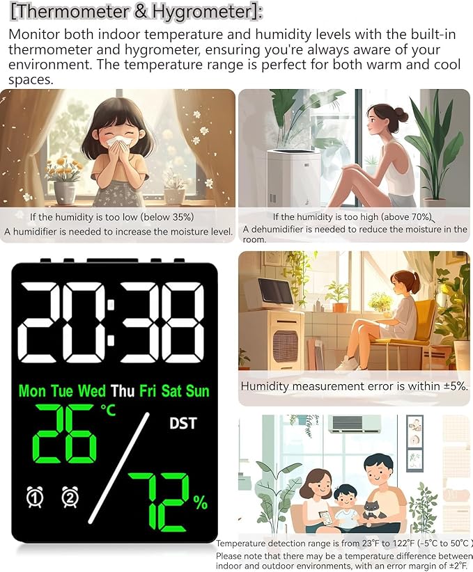 Digital LED Alarm Clock with Thermo-Hygrometer,Dual Alarms,Snooze,Date & Year Display,12/24 Hour Switch,Weekdays,DST,Auto Dimmable with 3 Brightness Levels,USB Output (5V1A) (White+Green Digits) - Image 5