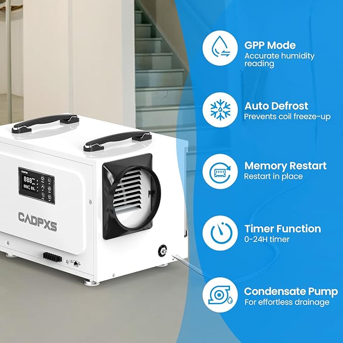 CADPXS Crawl Space Dehumidifier with Pump, 125 Pints Commercial Dehumidifiers with Drain Hose, Dehumidifier for Crawlspace, Basements & Water Damage Use, Auto Defrost, Memory Restart, cETL Listed - Image 5