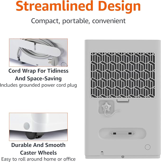 Amazon Basics 50-Pint Large Dehumidifier with Humidity Control, Timer, Auto-Defrost, Overflow Protection, Energy Star Certified, Washable Filter for Rooms up to 4000 SFT, White - Image 6
