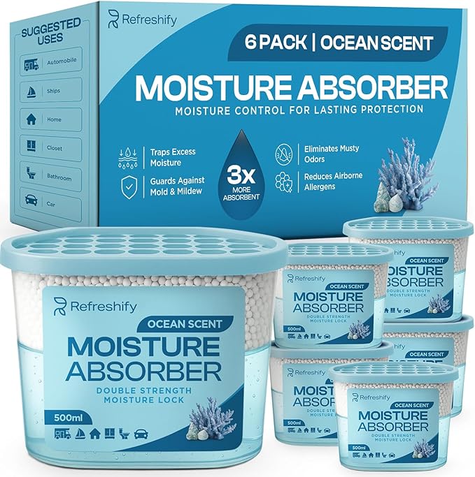 Premium Moisture Absorbers and Dehumidifier Tubs – High-Efficiency Closet Dehumidifier, Ocean Scent, 6 Pack, 7.5 Oz by AllSettHealth