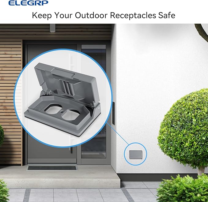 ELEGRP Horizontal Outdoor Cover for Duplex Receptacles, Weatherproof Wall Plate, Outdoor Electrical Outlet Cover, Standard Size 1-Gang 4.77” x 2.97”, Thermoplastic, 2 Pack, Grey - Image 6