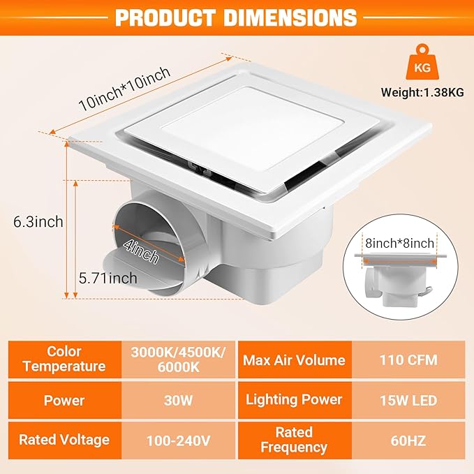 FEITON Square Bathroom Exhaust Fan with LED Light, Adjustable Color Temperature(3000K/4500K/6000K), 110 CFM 30W 4 Inch Duct, 110-220V 1.0 Sones Quiet Bathroom Ventilation Fan Light Combo Ceiling Mount - Image 4