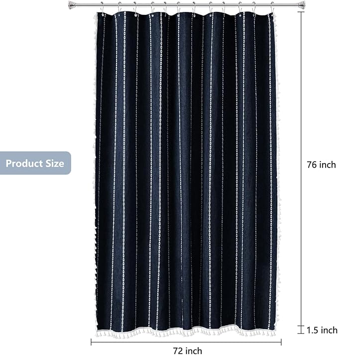72 x 76 inch Extra Long Boho Chic Shower Curtain Heavyweight with Tassels, Navy Linen Textured Fabric Farmhouse Shower Curtain, Elegant White Striped Bathroom Curtain Water Repellent - Image 7