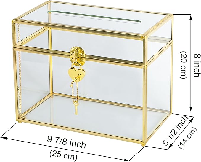Glass Wedding Card Box with Slot and Lock, Large Clear Card Box Gold Brass Gift Card Storage Box with Lock for Wedding Receptions, Baby Shower, Birthday Party, Bridal Shower - Image 6
