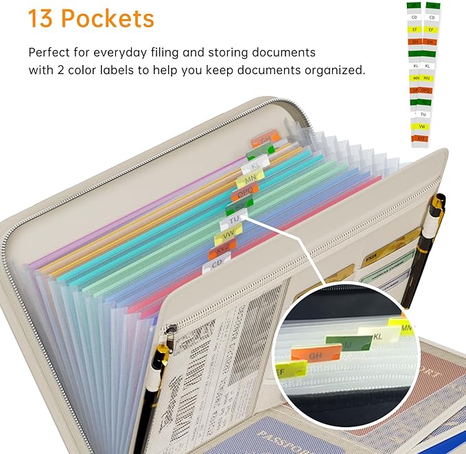 Tamfile Fireproof Accordion File Organizer with Handle, 13 Pocket Expanding File Folder with Zipper & Labels, File Folder with Multi-Pockets Paper Organizer Folder for Letter A4 Files, Beige - Image 2
