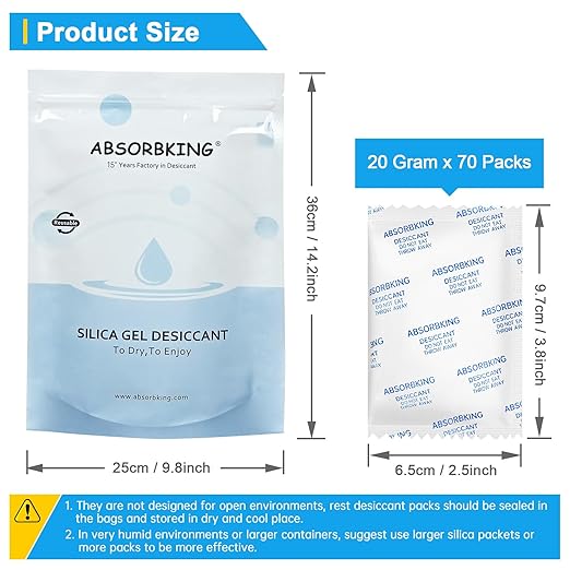 Moisture Absorbers – 20 Gram 70 Packs Silica Gel Packets for Storage, Food Grade Desiccant Packs, Premium Silica Packets for Foods, Electronics, Jewelry, Tools, Safe and 3D Filament - Image 3