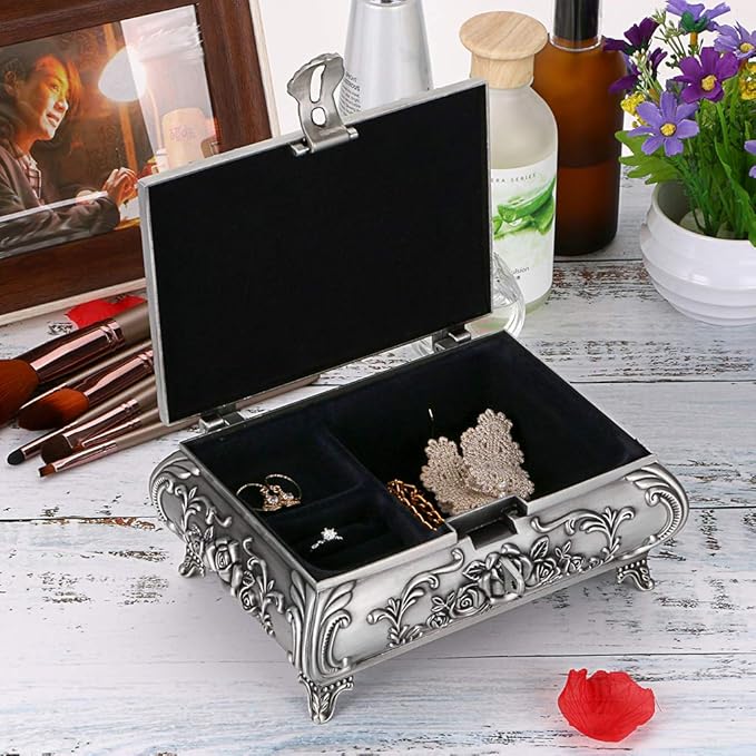 Hipiwe Vintage Metal Jewelry Box Small Trinket Jewelry Storage box For Rings Earrings Necklace Treasure Chest Organizer Antique jewelry Keepsake gift Box Case for Women (Large) - Image 2