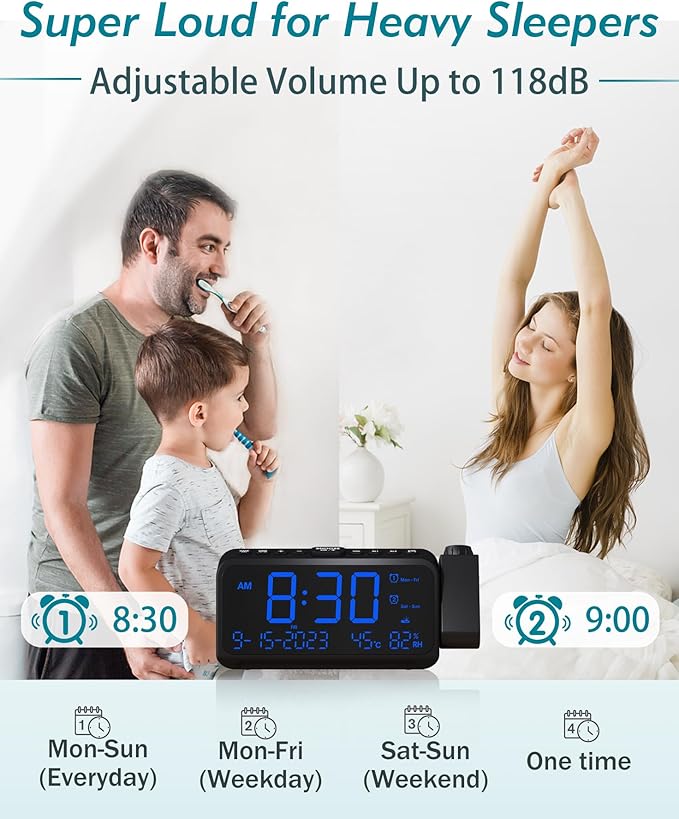 Roxicosly Projection Alarm Clock for Bedroom Ceiling, 118 dB Super Loud for Heavy Sleepers, 6.7" Large Digital Dimmable Display with Day Date Indoor Temp Humidity, Dual Alarms Adjustable Volume - Image 3
