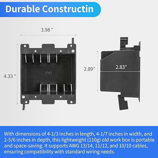 Black 2-Gang Old Work Outlet Box, 25 Cubic Inch. Capacity – 4-1/3" Length x 4-1/6" Width x 2-5/6" Depth, PVC Construction Electrical Junction Black Box, ETL Certified (2 Pack) - Image 4