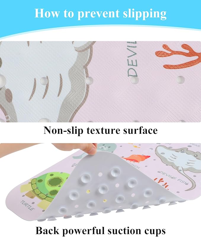 Bath Mat for Tub Non Slip, Machine Washable Anti-Slip Cartoon Baby Bathtub Shower Mat with Drain Holes and Suction Cups for Toddler & Kids, 40 Inch x 16 Inch, Pink Sea Animals - Image 3