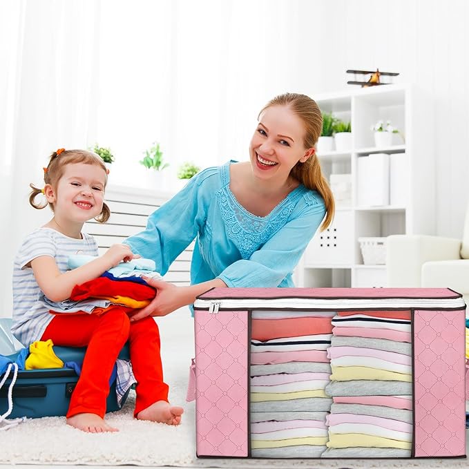90 L Large Storage Bags, 8 Pack Clothes Storage Bins Foldable Closet Organizer Storage Containers with Durable Handle Storage and Organization, Blanket, Comforters, Bed Sheets, Pillows and Toys (Pink) - Image 6