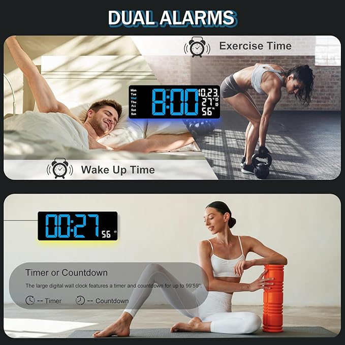 JoFomp 17.3" Large Digital Wall Clock, LED Digital Clock Large Display with Remote Control, Alarm Clock with Temp/DST/Dimmer/Humidity/Timer/Ambient Light - 12/24H, Alarm Wall Clock for Bedroom - Image 6