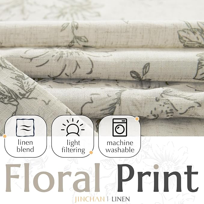 jinchan Lined Linen Blend Curtain Floral Curtains for Living Room 84 Inches Long Grey Peony Flower Printed Curtain Back Tab Farmhouse Patterned Drapes Bedroom Window Curtains Set 2 Panels - Image 2