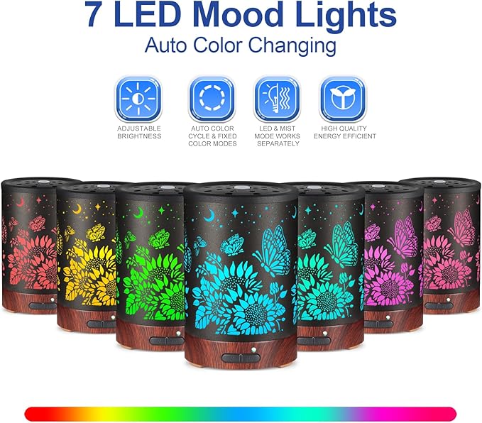 Essential Oil Diffuser- Aromatherapy Diffuser with7 Colors Light and Auto-Off for Women Metal Cool Mist Humidifier for Home and Office for Mom Women（Sunflower + Butterfly） - Image 2