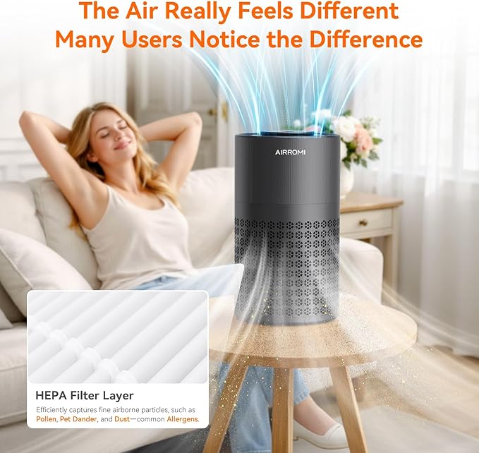 AIRROMI Air Purifier for Bedroom with HEPA 3-in-1 Filter, Pet Air Purifier for Home Cat Pee Smell, Covers Upto 990 Ft², Quiet 360°intake Air Cleaner for pet hair,allergies,Dust,Smoke A2001 Black - Image 8
