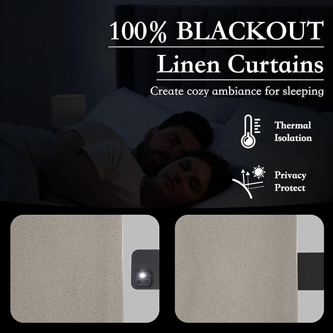 RYB HOME 100% Blackout Silver Grey Curtains, Privacy Flax Linen Drapery for Living Room & Bedroom Total Blackout, Rod Pocket & Back Tab Window Treatment, Set of 2, W52 x L84 - Image 3