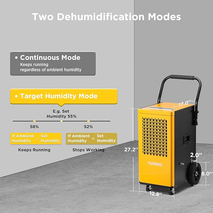 TURBRO 165 Pint Commercial Dehumidifier with Pump, Drain Hose, Industrial Dehumidifier for Large Spaces up to 7,500 Sq. Ft., Rolling Wheels, Faster Defrost, for Basement, Warehouse, Flood Restoration - Image 5