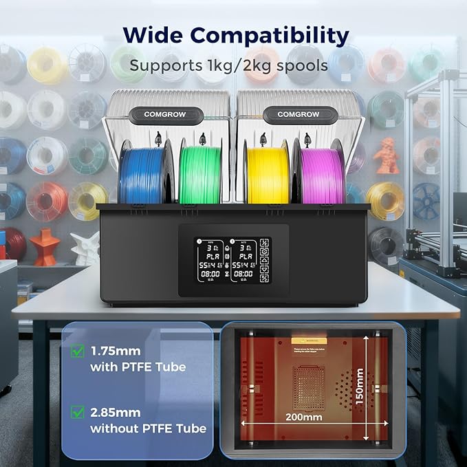 Comgrow SH03 4-Spool Filament Dryer Box, Dual 200W Heating Chambers, 85°C Max Temp, Auto Dehumidification, Fast Heat-Up, 99H Programmable Drying and Silent Sealed Storage for 1.75mm Filaments - Image 7