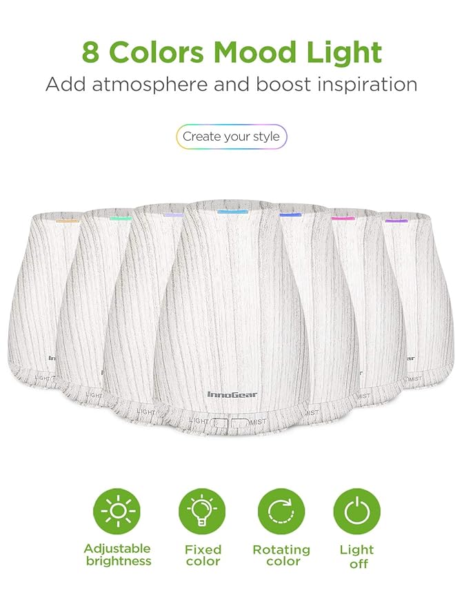InnoGear Essential Oil Diffuser with Oils, 100ml Aromatherapy Diffuser with 6 Essential Oils Set, Aroma Cool Mist Humidifier Gift Set, Grey Wood Grain - Image 2