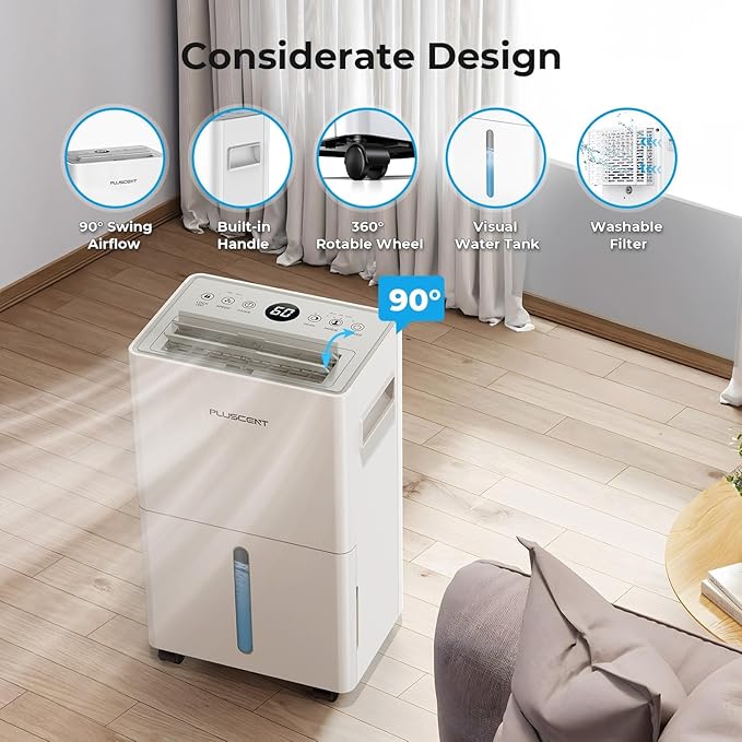 1500 Sq.ft Dehumidifier for Basement, PLUSCENT Max 21 Pint/Day Dehumidifiers for Home, Large Room, Bedroom with Drain Hose, Smart Humidity Control & Monitor, 3 Operation Modes, 24H Timer, Auto Defrost - Image 8