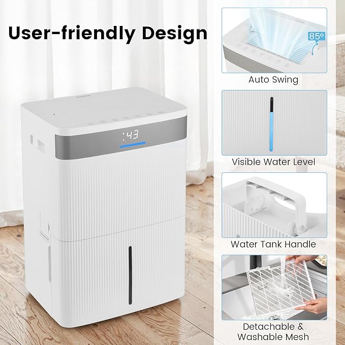COSTWAY 4500 Sq.Ft Dehumidifier for Basement, Home Dehumidifier with Convenient Handle, 1.4 Gallon Tank, Auto Defrost, 24H Timer, 3-Color Indicator, Drain Hose & Wheels for Bathroom, Bedroom (74 pint) - Image 2