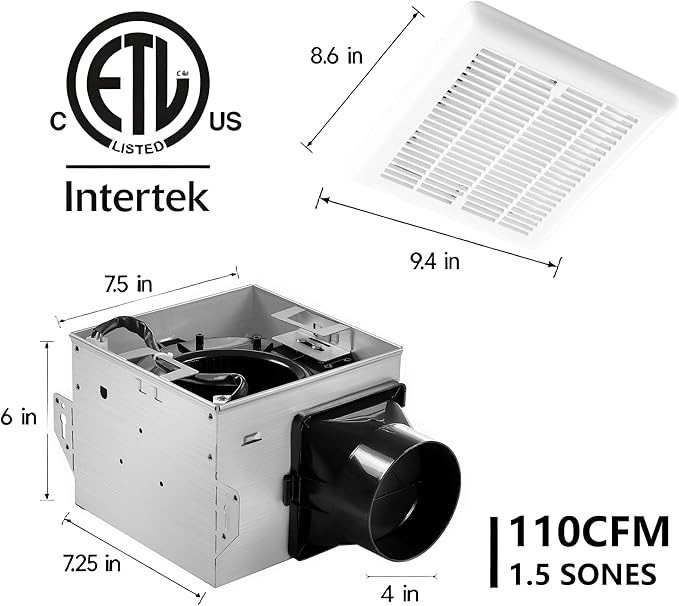 Tech Drive Bathroom Exhaust Fan with Light - 110 CFM, 1.5 Sone, 1000lm Dimmable 3CCT Selectable LED Light, Easy to Install Super Quiet Ventilation Fan, 4-Inch Duct, Light Grille Combo, White - Image 2