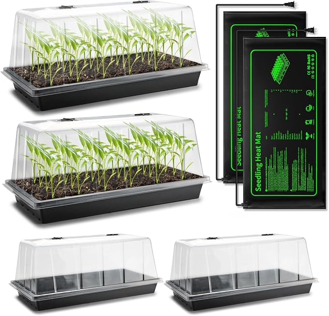 4-Pack 1020 Seed Starter Trays with 7.3'' Humidity Domes & 2-Pack Heat Mats – Heavy-Duty Seedling Trays with Adjustable Domes & Waterproof Heating Mats for Optimal Germination & Cloning Propagation by RooTrimmer