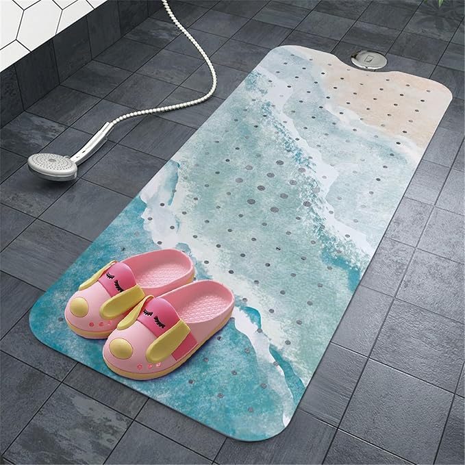 Beach Bathtub Mat Non Slip, Baby Bath Mat for Tub Rubber Tub Mat, Kids Bath Mats for Bathroom Ocean Waves Anti Slip Shower Mat with Suction and Drain Holes Machine Washable, 40″X16″ - Image 7