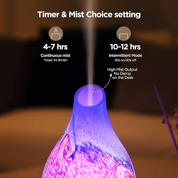 Vase Aroma Essential Oil Diffuser 160ml Art Glass Ultrasonic Cool Mist Scent Aroma Diffuser, Intermittent with Auto Shut-Off Timer Setting &7 Colors Night Light for Home-Ends of The Earth - Image 3