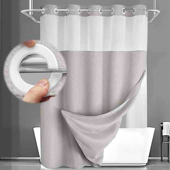 No Hook Shower Curtain and Liner Set,Light Grey Hotel Waffle Shower Curtain with Liner 75" L x 72" W by Unknown