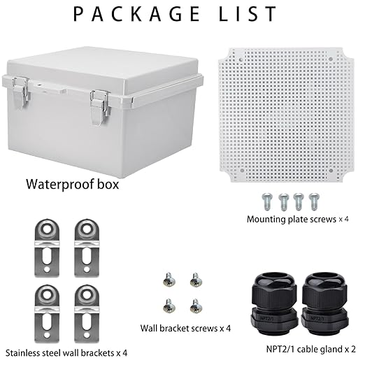 Waterproof Electrical Box with Mounting Plate, IP67 Junction Box Stainless Steel Latch Hinged Grey Cover Project Enclosure with Wall Bracket and 2 Glands 8.3" x 8.3" x 5.1" - Image 4