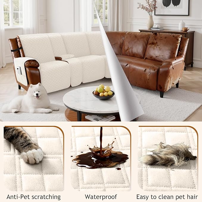 Arfntevss Waterproof Recliner Sectional Couch Covers for Reclining L Shape Sofa Cover Non Slip Washable L Shaped Slipcover Sets for Dog Furniture Protector (5 Seat with 1 Console Cover, Beige) - Image 6