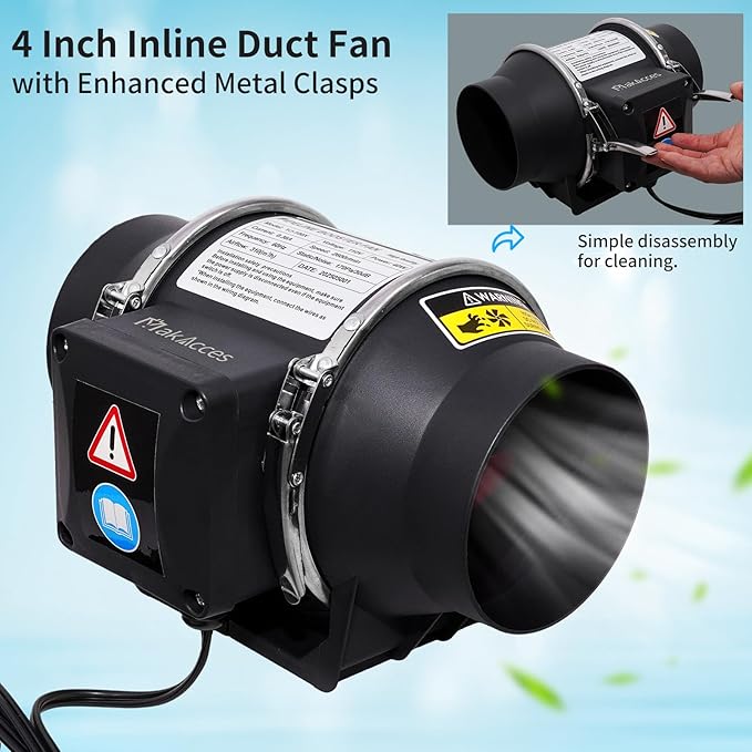 4 Inch Inline Duct Fan for Hydroponic Grow Tent Greenroom 3D Printer Enclosure Cover Kitchen, Powerful Copper Motor Ventilation Exhaust Fan, High Speed, Low Noise, Black, Pipes purchased separately - Image 5