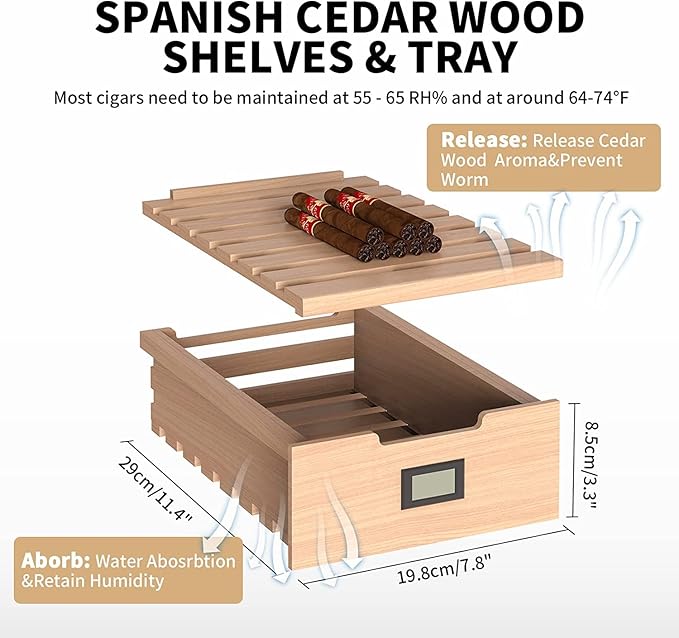 NEEDONE Humidor 16L with Cooling and Heating Temperature Control System, Electric Cabinet for 100 Counts with Digital Hygrometer, Made with Spanish Cedar Wood, Gift for Men, 2 Layers - Image 6