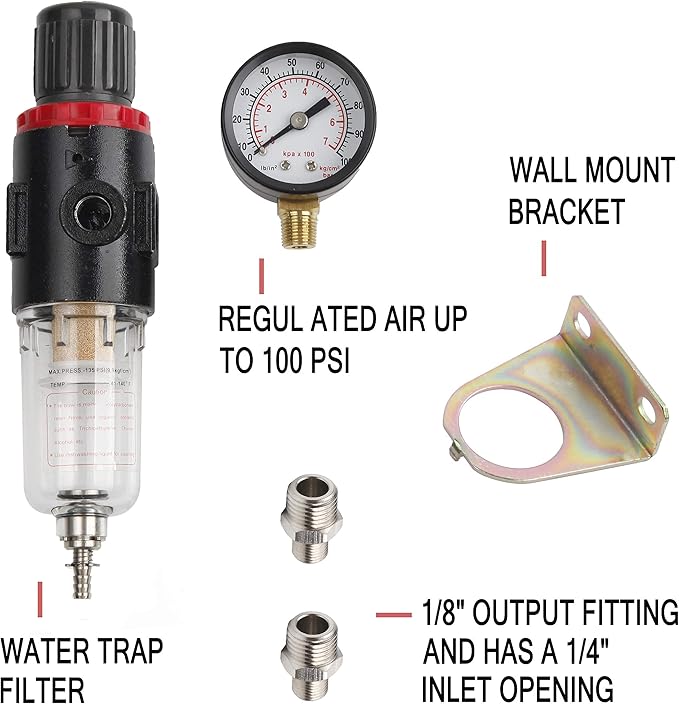 TIMBERTECH Pressure Regulator for Airbrush Compressor, 1/8’’ NPT Air Filter Airbrush Regulator with 0-100 PSI Gauge, Water-Trap Filter for Compressor - Image 2