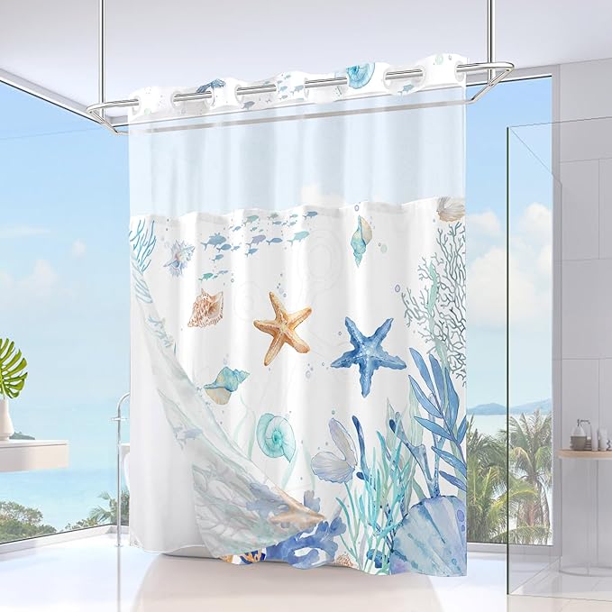 No Hook Shower Curtain with Snap in Liner, Beach Ocean Nautical Coastal Shower Curtains and Liner Set for Bathroom, Seashell Hotel Fabric Bath Curtain, Waterproof Washable, Watercolor Blue 71" x 74" - Image 2