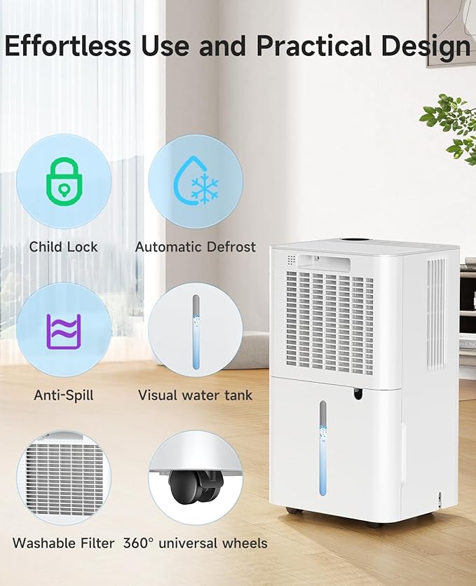 2500 Sq.Ft Dehumidifier for Basement with Drain Hose, 34 Pints Dehumidifiers for Home Large Room Bathroom Bedroom,3 Modes, Adjustable Humidity Control, Timer, Auto Defrost, Sleep Mode - Image 8