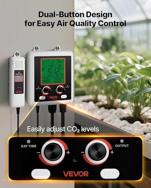 VEVOR Carbon Dioxide Monitoring Controller, Dual Outlets Carbon Dioxide Controller, CO2 Meter Monitor Day and Night Detection Feature, NDIR CO2 Sensor for Green House, Laboratories, Classrooms, Home - Image 6
