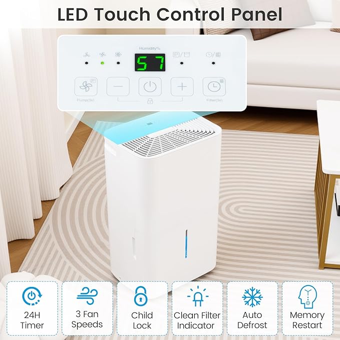 DORTALA 150 Pints Dehumidifier for 7000 Sq.Ft Large Rooms, Basement, Bathroom, Home Dehumidifier with Pump, Drain Hose, 2 Modes, 24H Timer, 2.4 Gal Water Tank, Auto Defrost, White - Image 4
