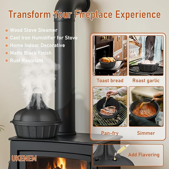 Wood Stove Steamer & Woodstove Steamer Stove Humidifier Cast Iron,2.4 Qt Round Fireplace Humidifier & Simmer Pots with Heart-shaped Vent At The Top Covers (Round-2) - Image 4