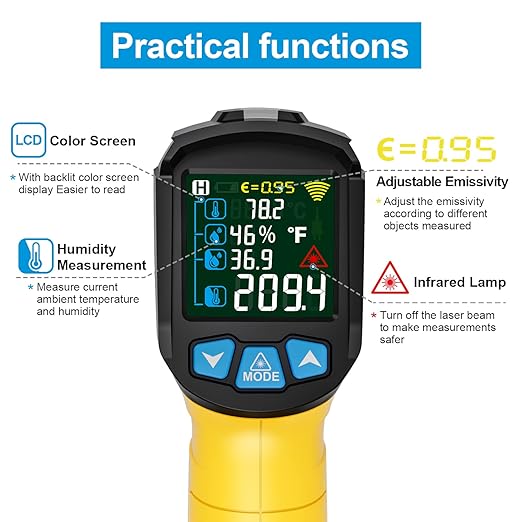 MESTEK Infrared Thermometer Gun -58°F to 1472°F, Digital Temperature Gun/K-Type Probe -14°F~932°F, Humidity Sensor, IR Laser Temp Gun with Color LCD for Cooking Pizza Oven BBQ HVAC Home-Industrial - Image 4