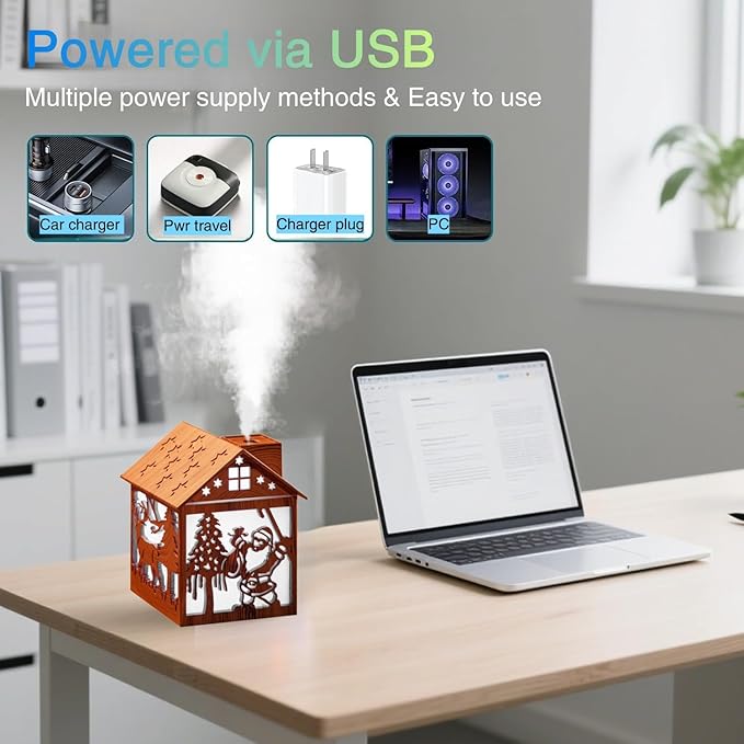 Colorful Cool Mini Humidifier, Cabin styling with Christmas theme，USB Personal Desktop Humidifier 2 Mist Modes, 7 colors,Super Quiet Perfect for Baby Bedroom, Office (Darkwood) - Image 7
