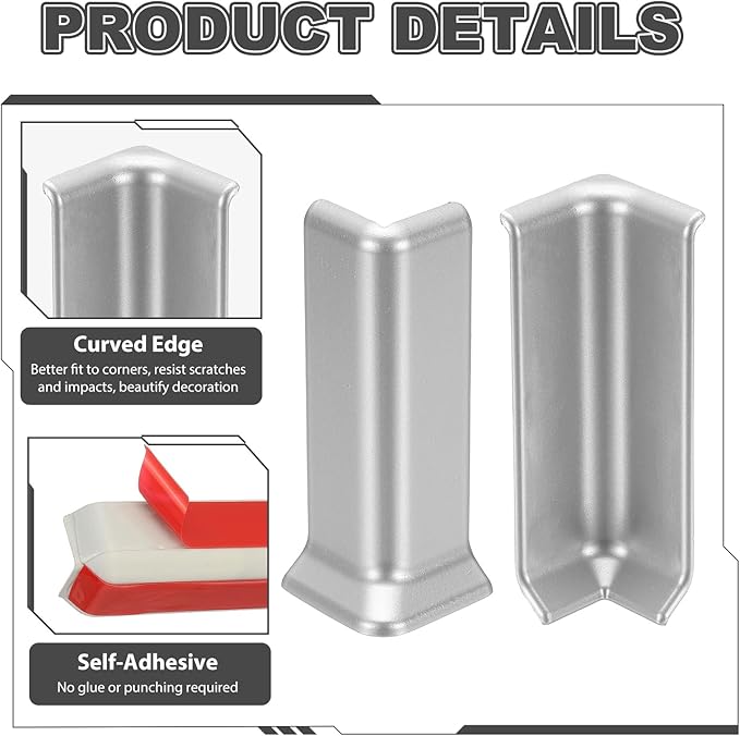 uxcell Self Adhesive Baseboard Corner Blocks, 4.07 Inch Wall Edge Corner Protector 3 Inside + 3 Outside Corners-Connector for Wall Floor Furniture Edge(Silver) - Image 4