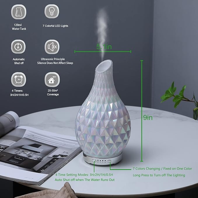 MAXWINER Essential Oil Diffuser Handmade Art Glass Aromatherapy Ultrasonic Humidifier with 7 Colors Lights Changing, Waterless Auto Shut-Off, Time Setting for Home, Office, Room 120ml (Diamond) - Image 6